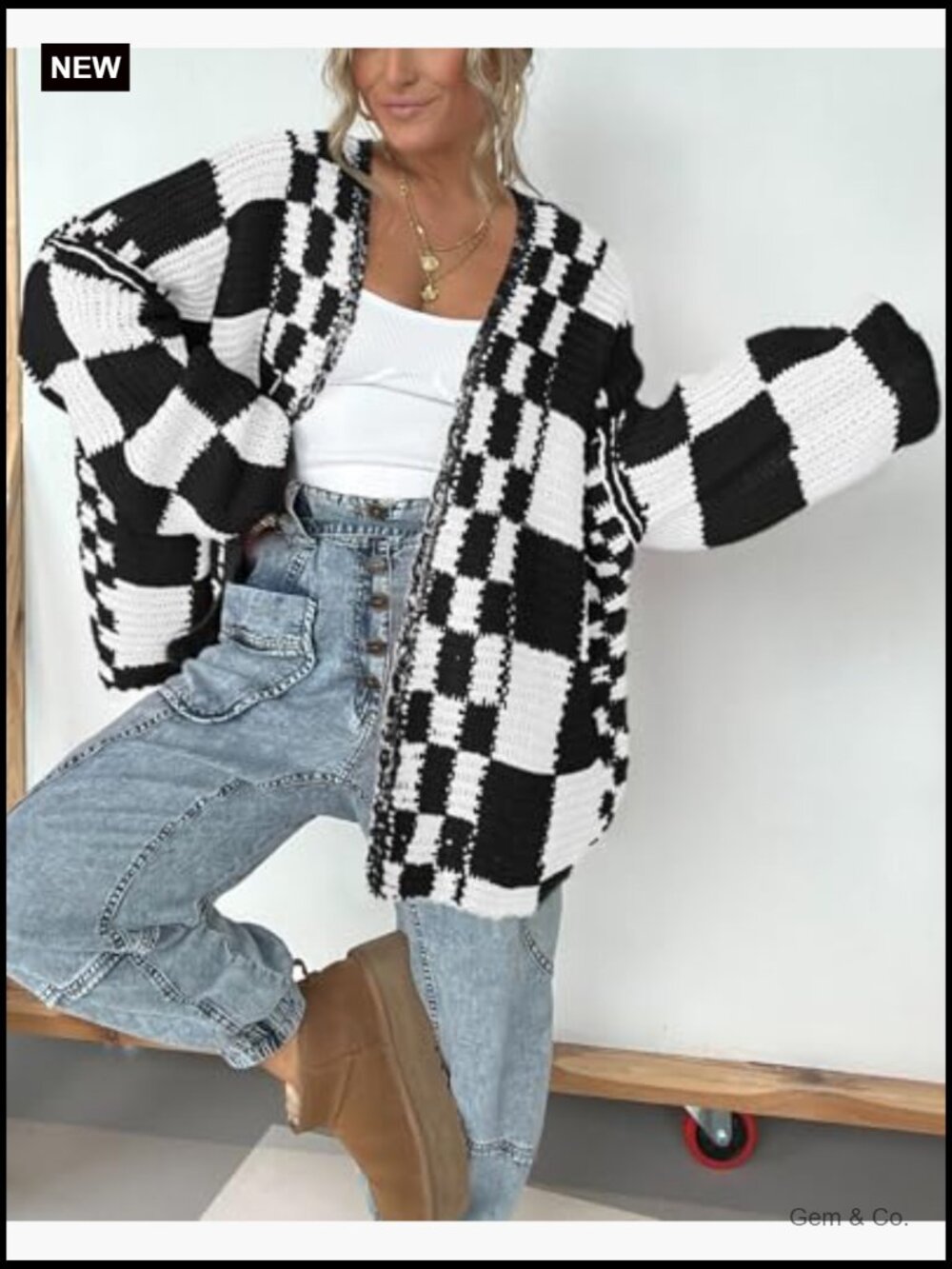 Chunky Knit Open Front Cardigan Sweater Long Sleeve Checkered Coat - Picture 4 of 7